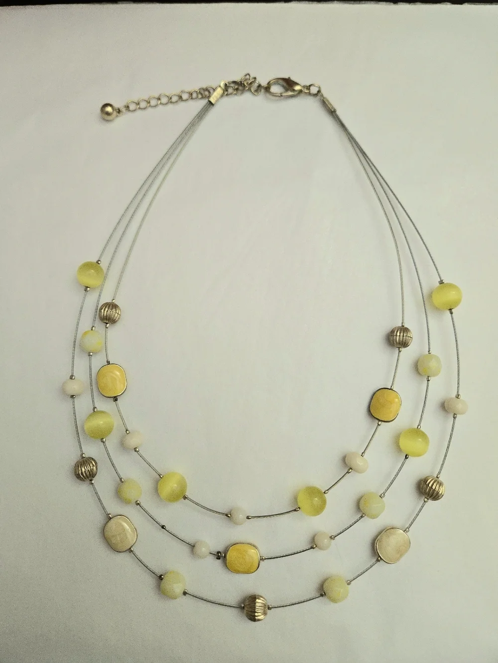 Vintage Style Silver Tone Yellow Ivory Enamel Beaded 3 Strand Bib Necklace